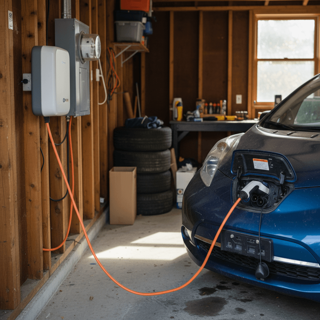 Used electric vehicle parked in an Asheville home garage, plugged into a wall-mounted Level 2 charger next to the utility panel.