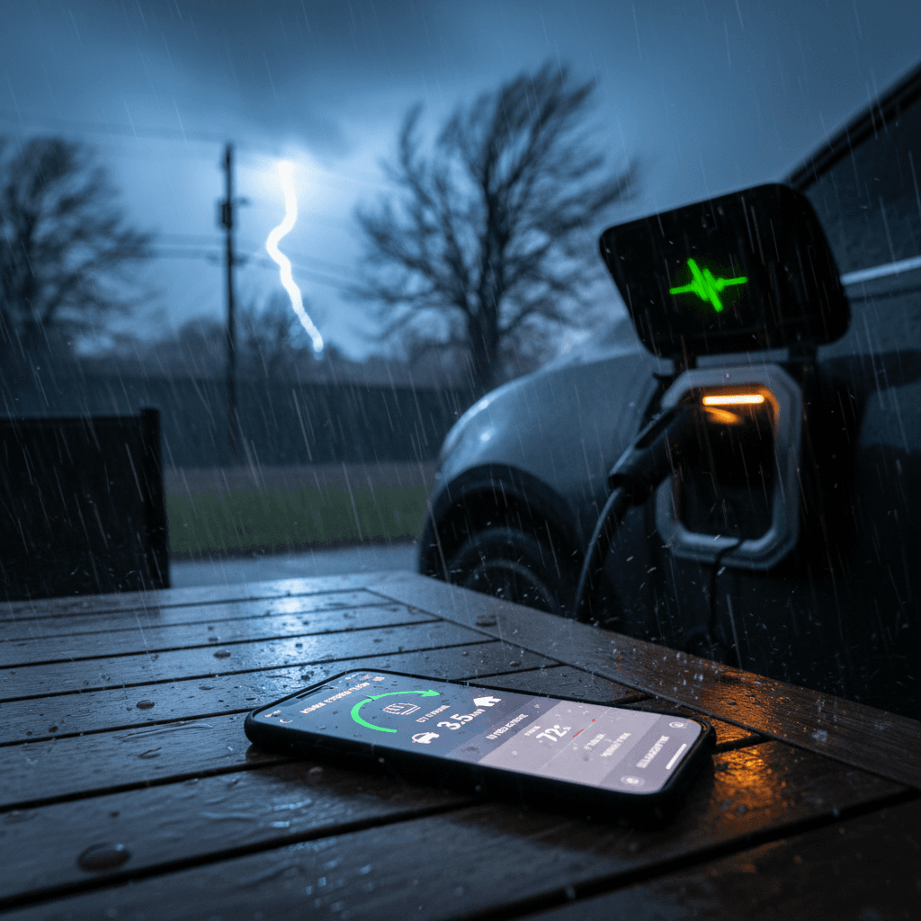 Electric SUV connected to a bidirectional home charger during a storm, showing backup power usage on a smartphone app