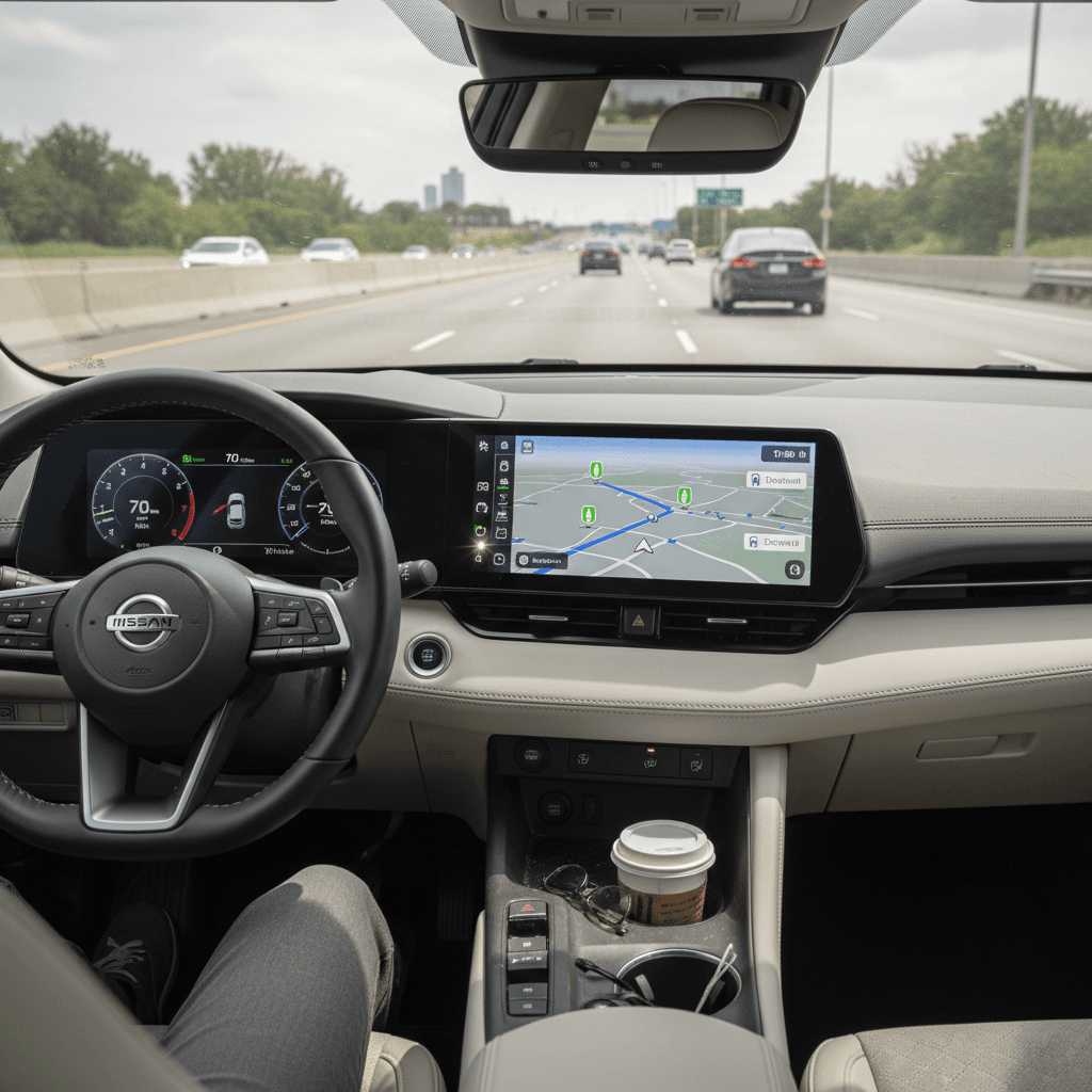 Nissan Ariya interior view from the driver seat on an interstate with navigation showing upcoming DC fast chargers