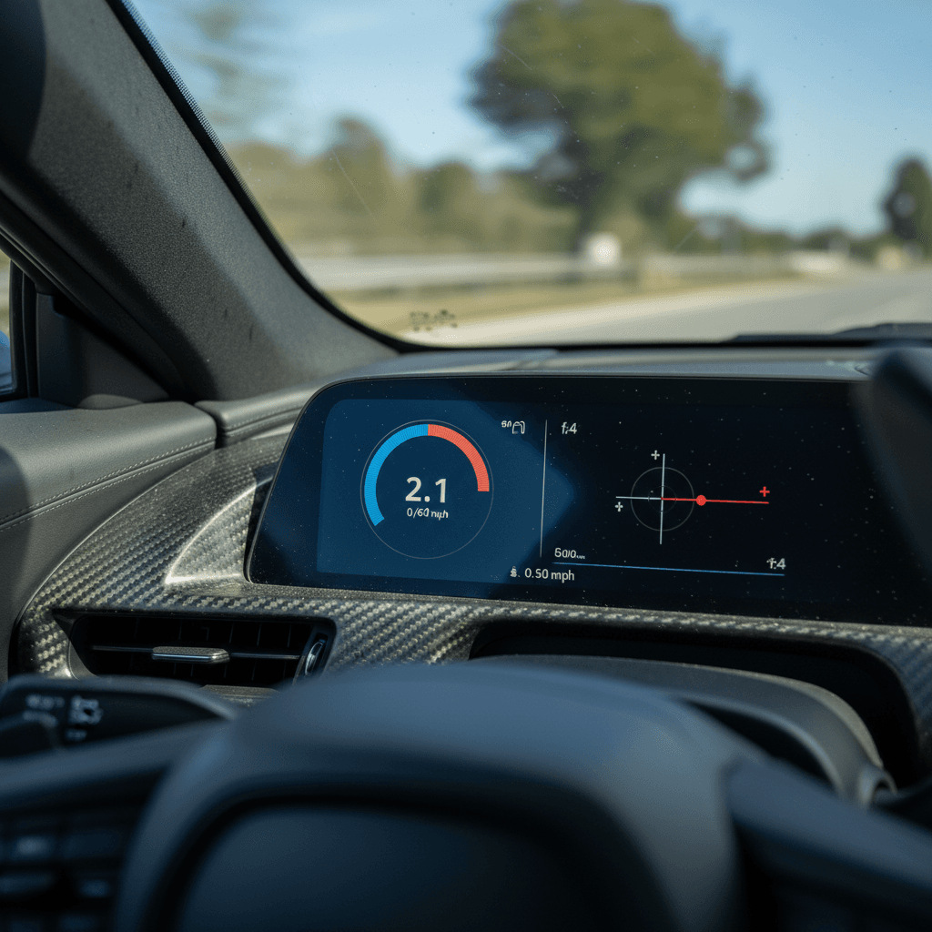 Digital gauge cluster showing an electric vehicle rapidly accelerating with strong g-force indication