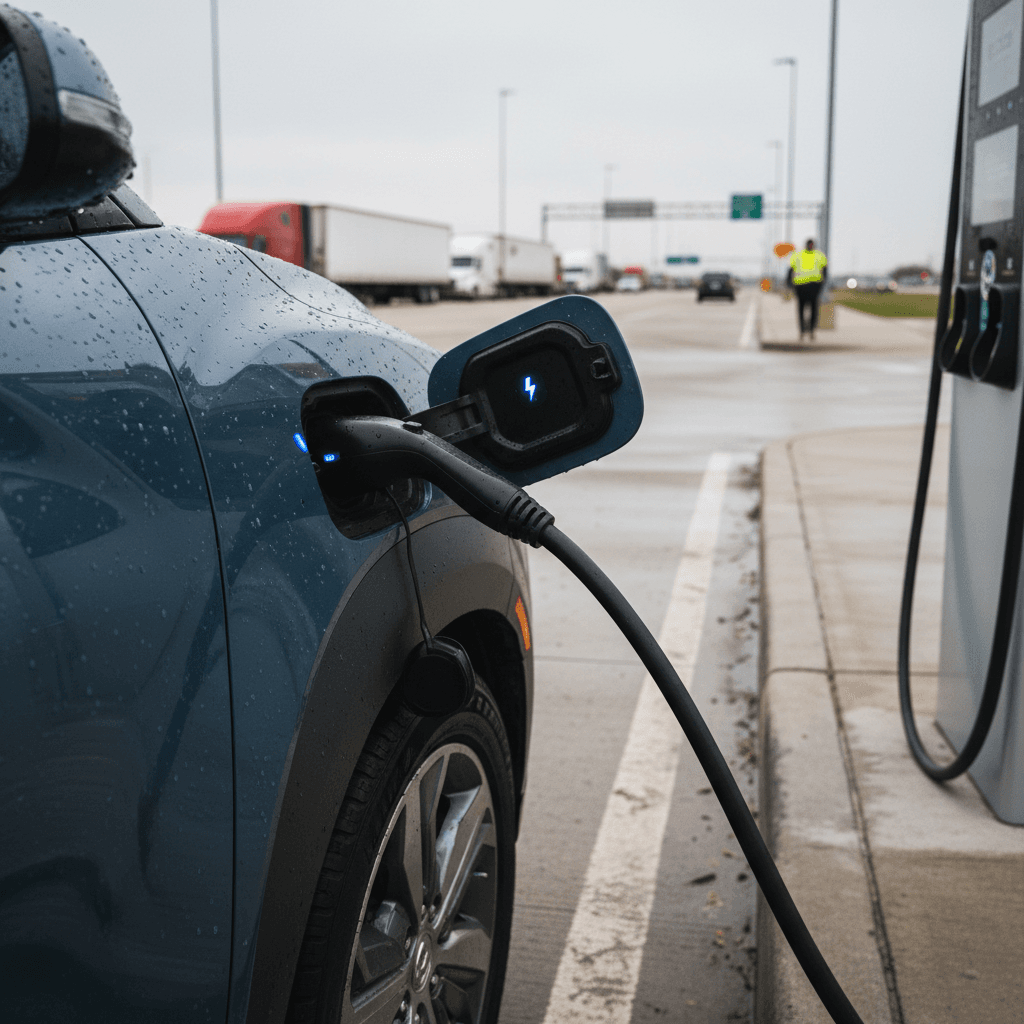 Volvo EX30 charging at a highway DC fast charger next to other EVs