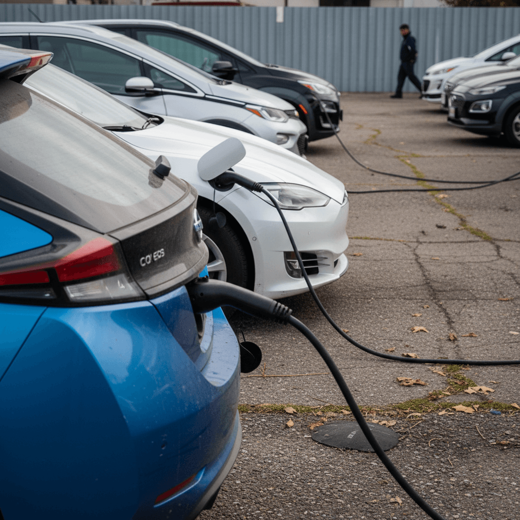 Row of used electric cars parked on a dealership lot at an electric car shop