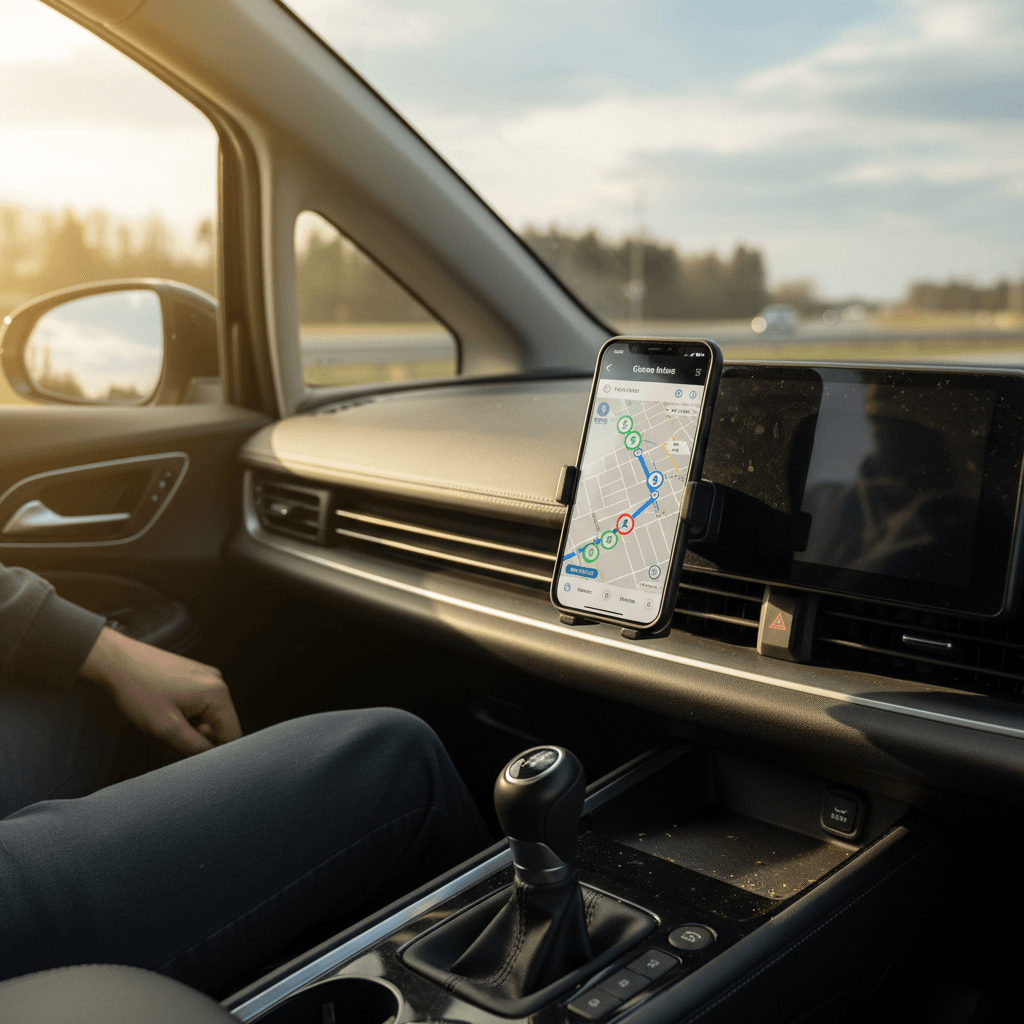 Driver using an EV charging app on a smartphone mounted in the car while planning charging stops on a highway drive