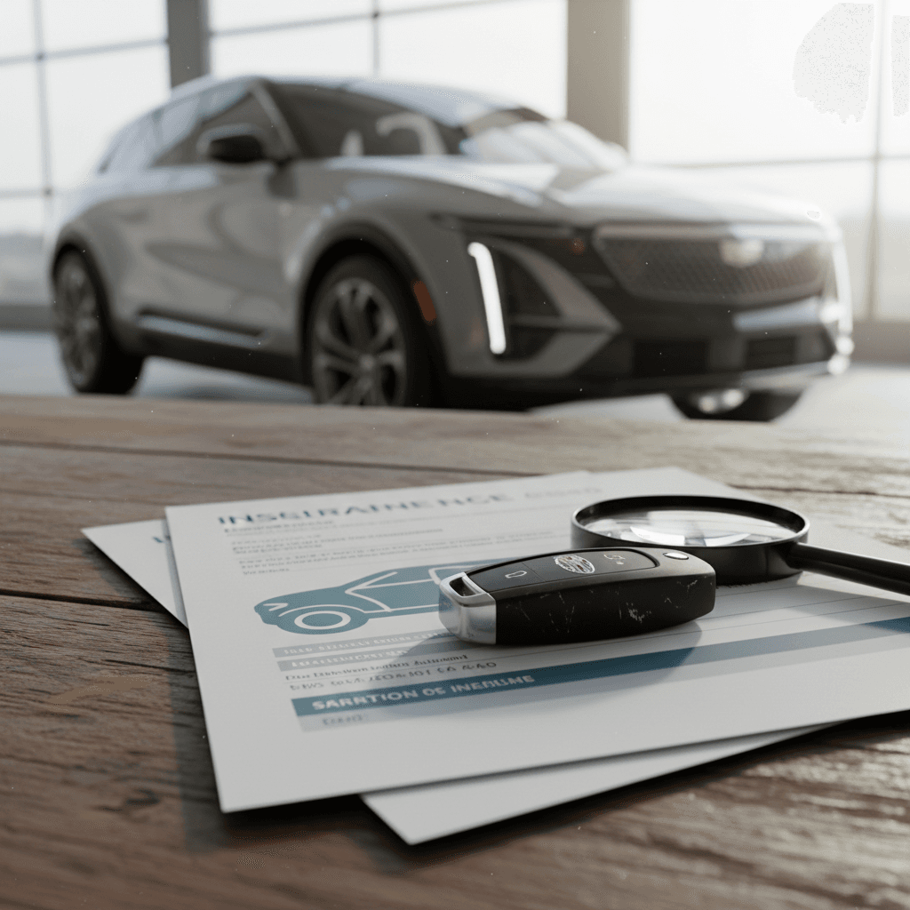 Car key fob and insurance papers in front of a Cadillac Lyriq, symbolizing insurance planning for the EV.