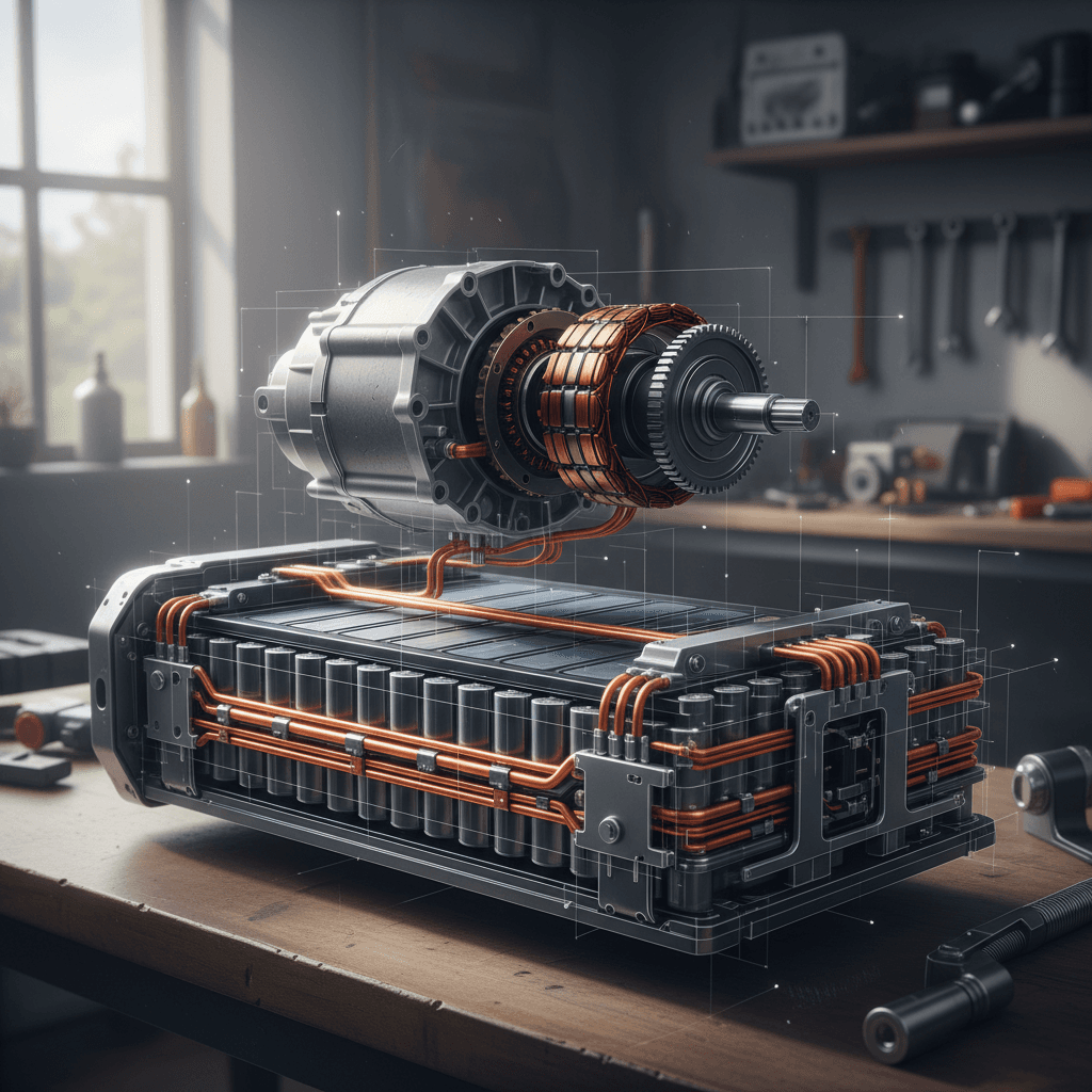 Stylized illustration of a Tesla Model S battery pack and drive unit highlighting key components covered under warranty