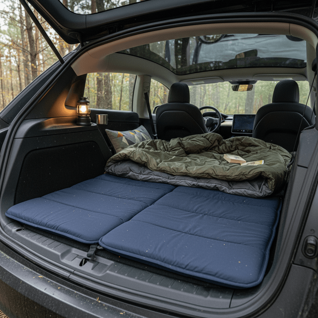 Tesla Model 3 interior with rear seats folded flat and a camping mattress set up with pillows and blanket