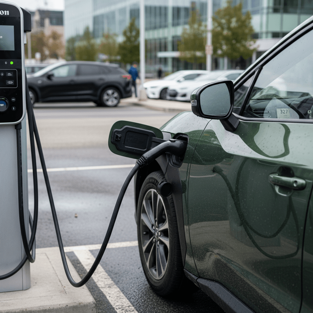 2025 Subaru Solterra plugged into a DC fast charger showing projected range on the instrument display