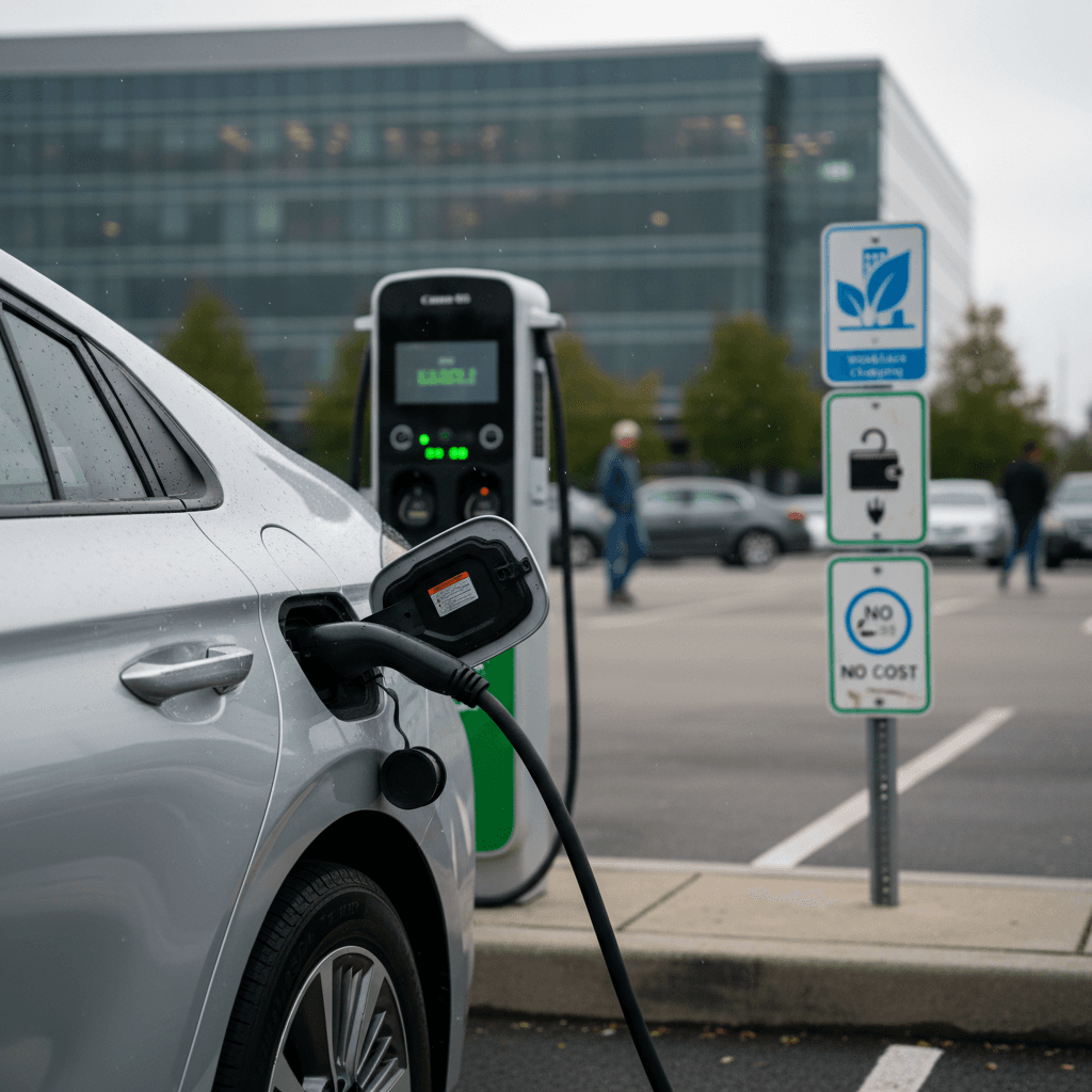 Several electric vehicles charging at a shopping center parking lot during the day
