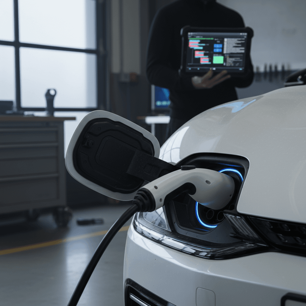 Technician using a diagnostic tablet on a Kia EV6 charging at a service center