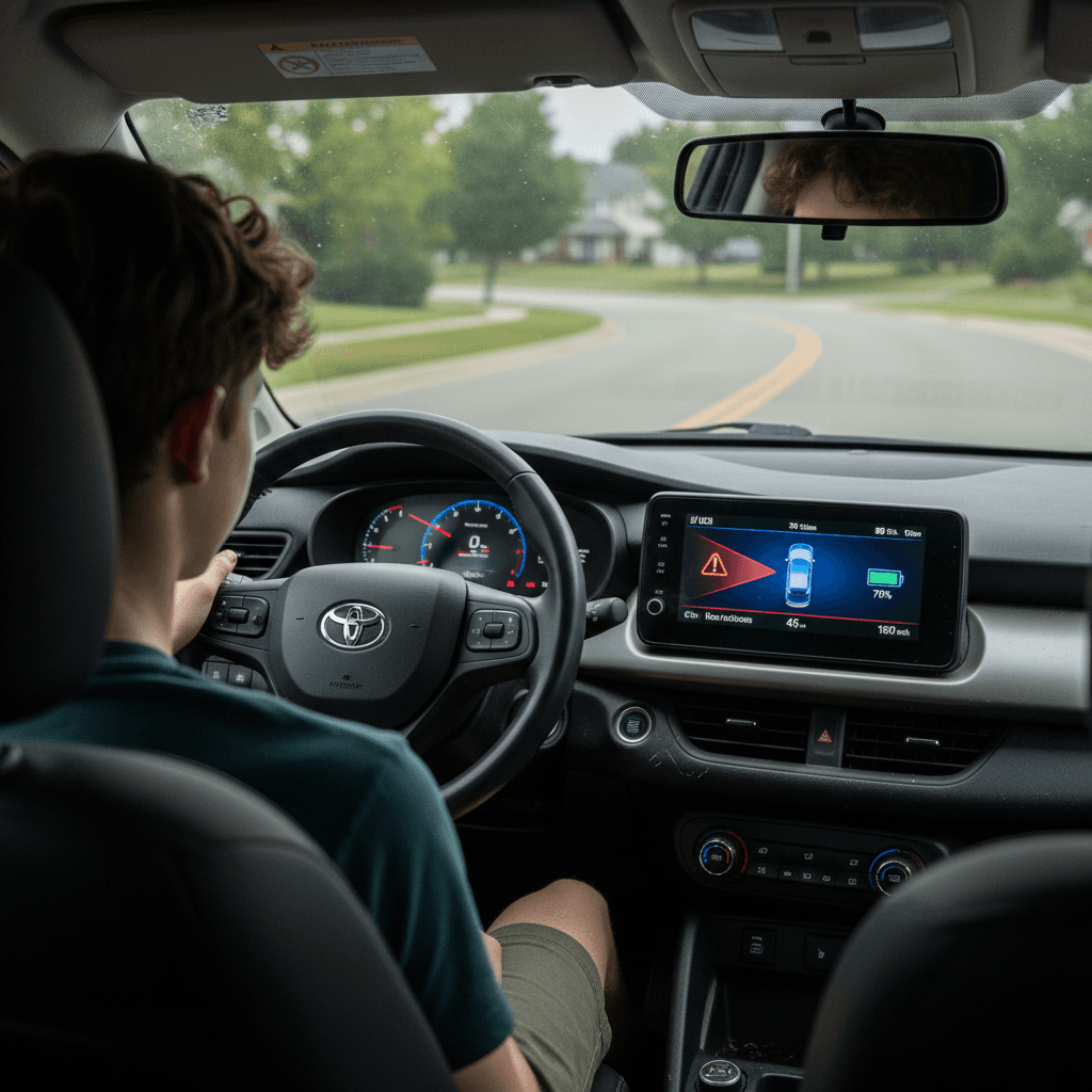 Teen driver behind the wheel of a compact electric car, with digital safety alerts illuminated on the dashboard