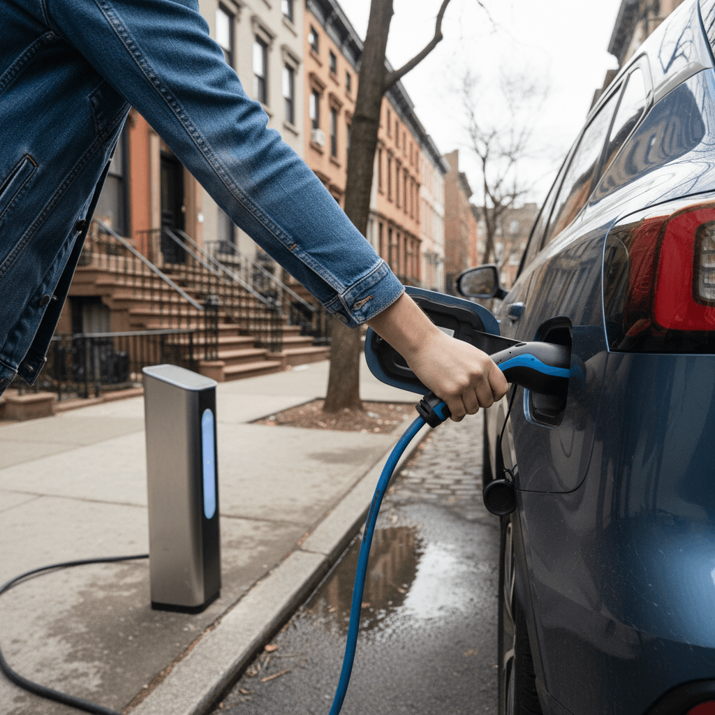 Driver plugging an electric vehicle into a curbside Level 2 charger on a residential Brooklyn street lined with brownstones