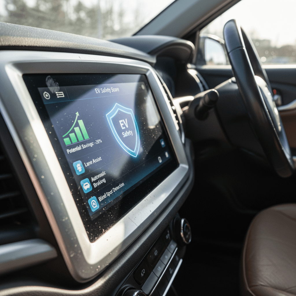 Electric car interior displaying active driver-assistance safety features, which can help reduce insurance costs
