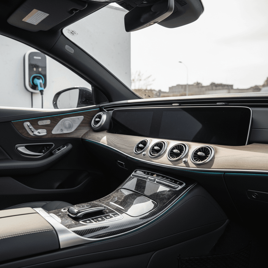 Interior view of a 2023 Nissan Ariya dashboard with dual screens and ambient lighting