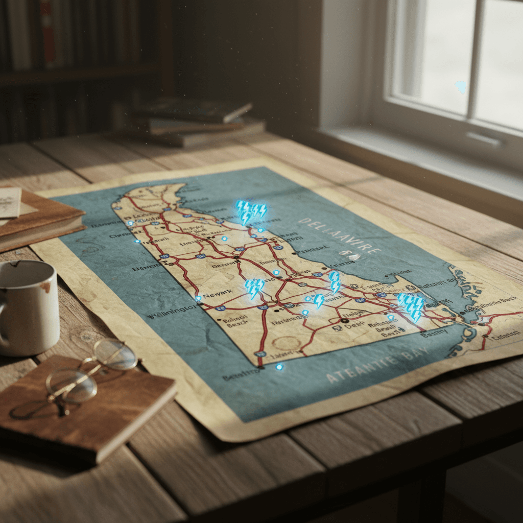Simplified map of Delaware showing clusters of EV chargers along I‑95, DE‑1, Wilmington, Dover and the beach towns