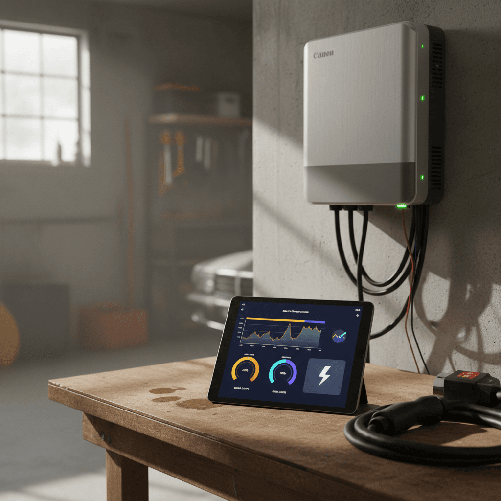 Tablet displaying an EV charging savings calculator beside a home solar inverter in a garage