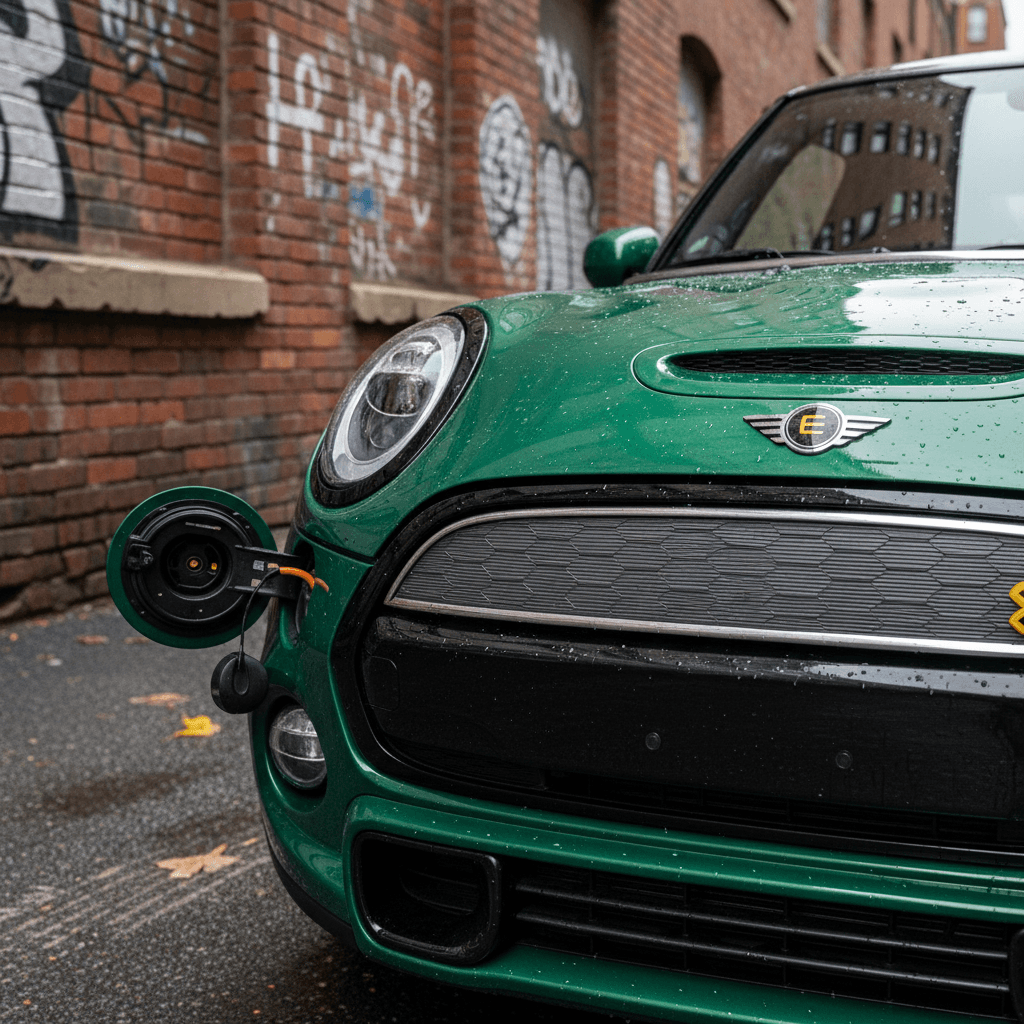 Front detail of a Mini Cooper SE showing grille shutters and charge port, useful areas to inspect on a used example