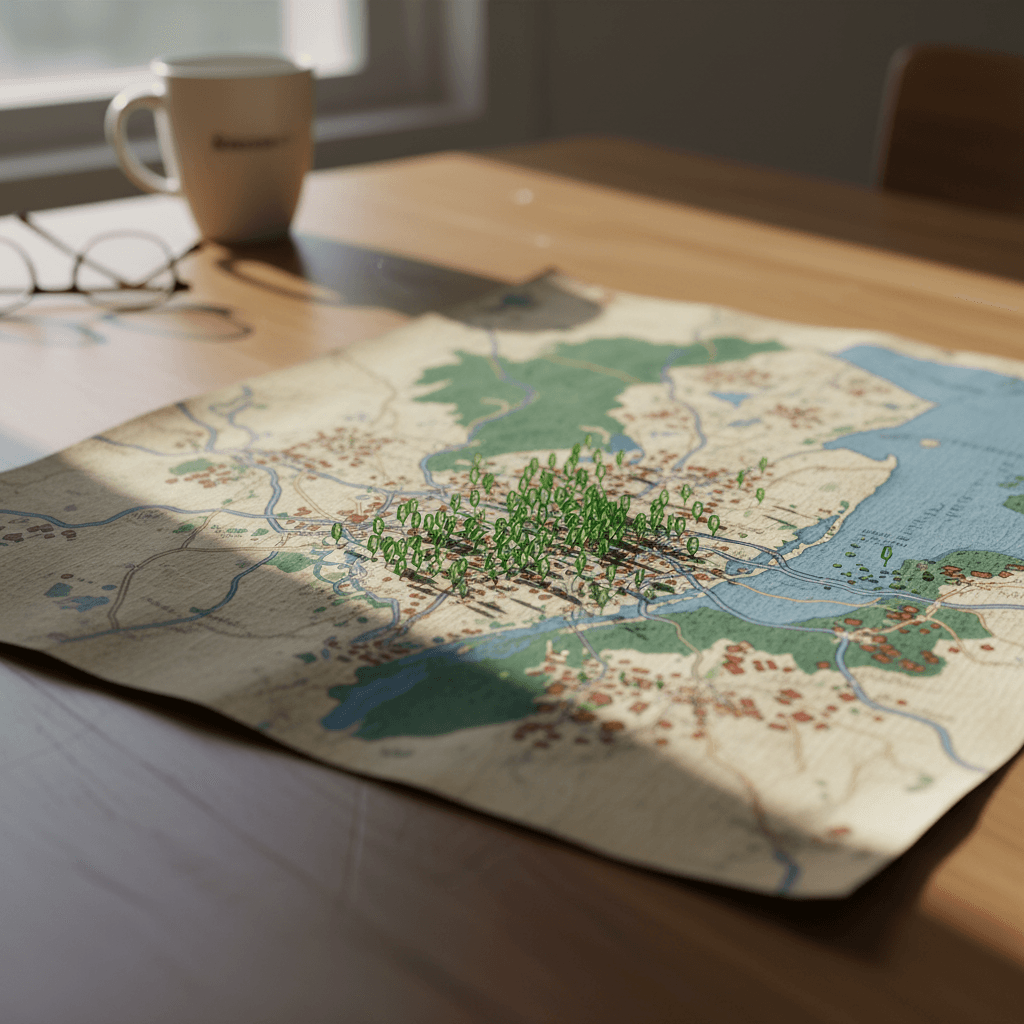 Stylized map of New Jersey highlighting clusters of public EV charging stations along major highways and cities.