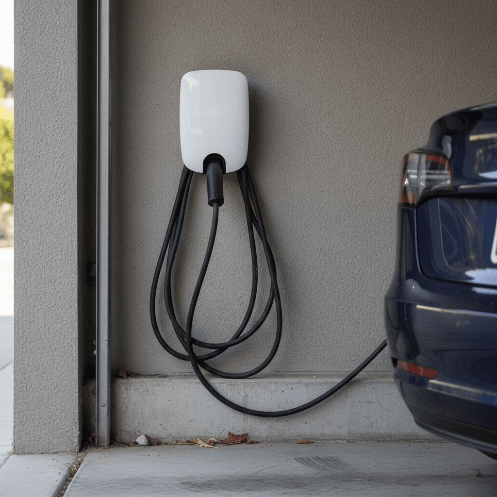 Tesla charging from a wall connector inside a tidy residential garage