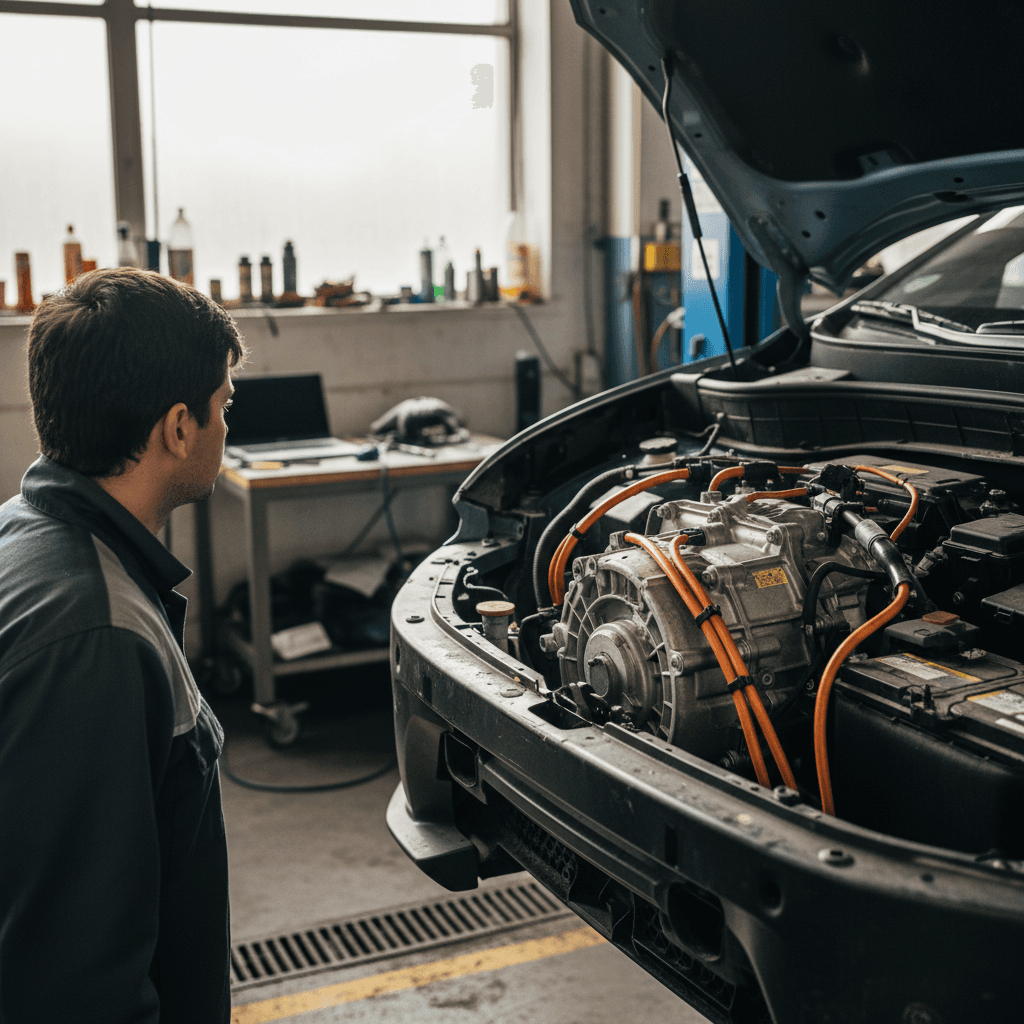 Technician listening for drivetrain noise near the front motor and reduction gear of a Kia Niro EV on a lift