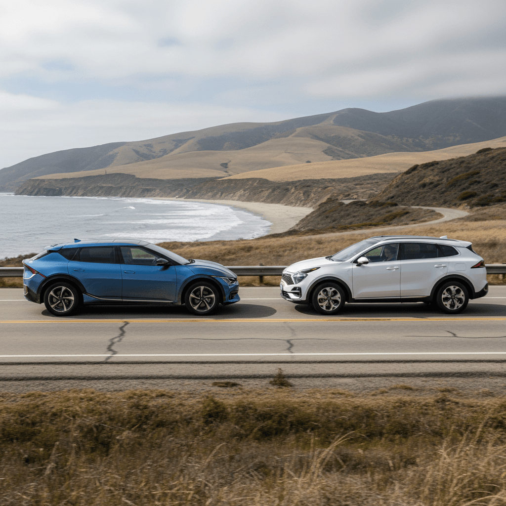 Side‑by‑side view of a Kia EV6 and Kia Sportage Hybrid driving on a highway, highlighting their different shapes and profiles