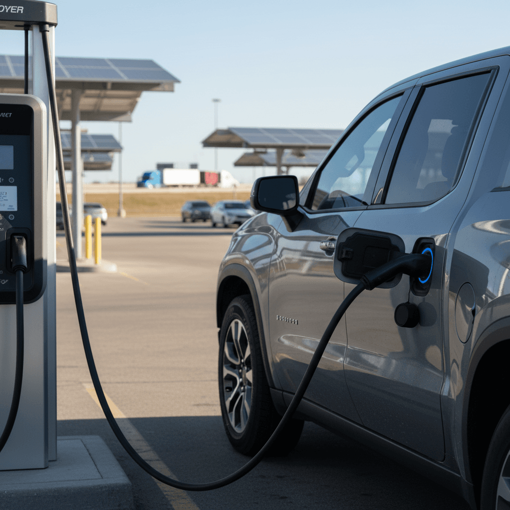 Chevy Silverado EV connected to a highway DC fast charger during a road trip stop