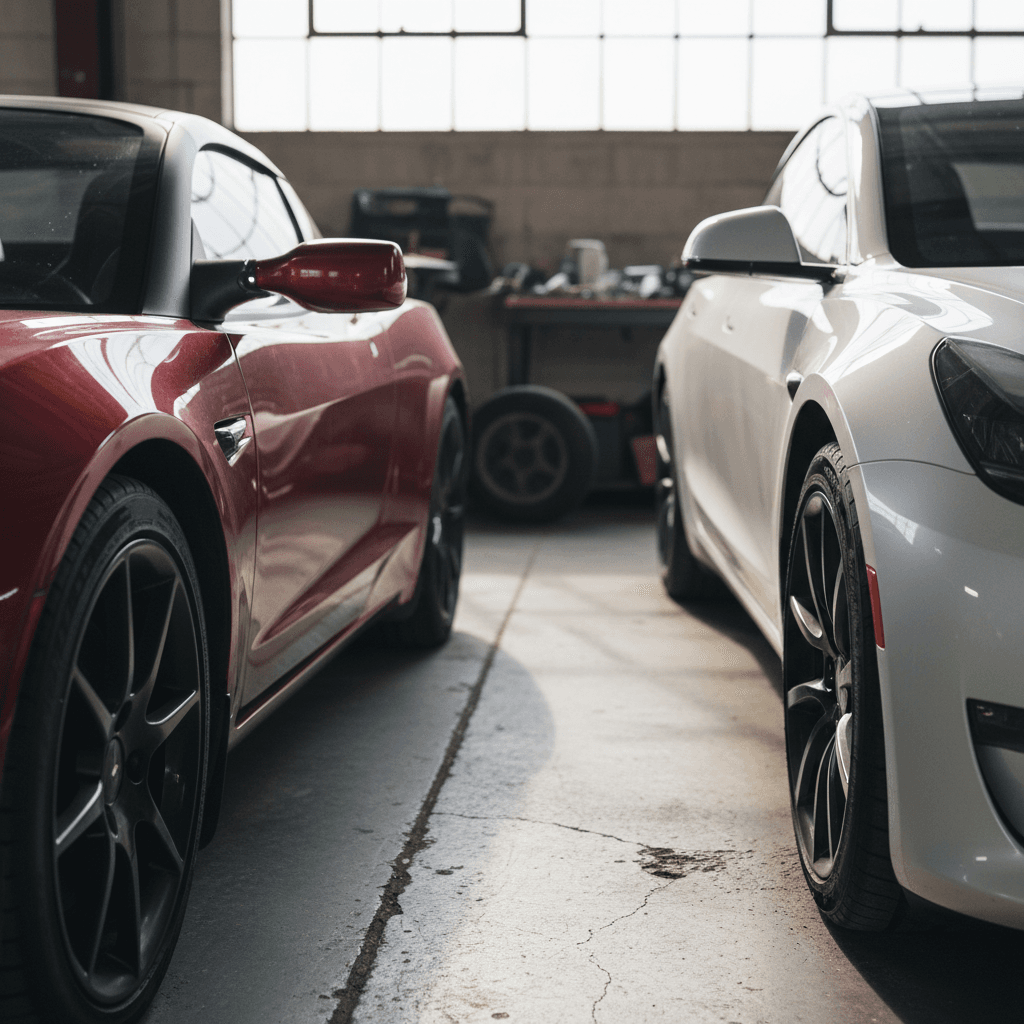 First-generation Tesla Roadster electric sports car parked on a scenic road