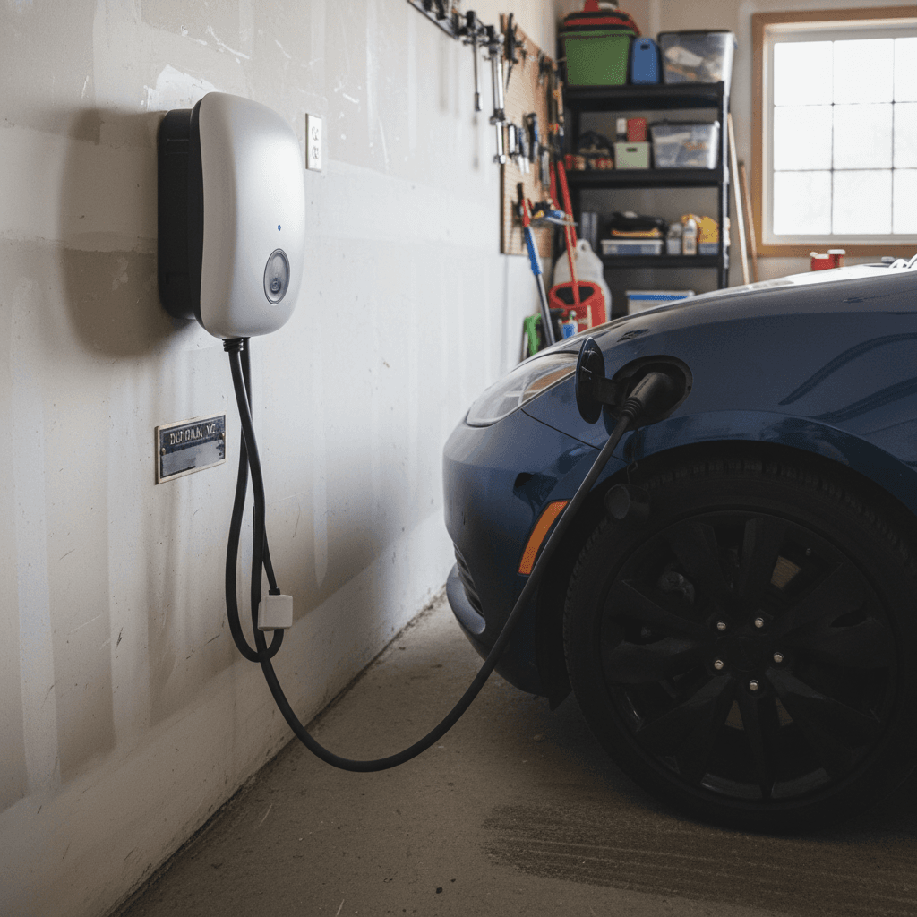 Durham homeowner charging an electric vehicle at a wall-mounted Level 2 charger in a garage