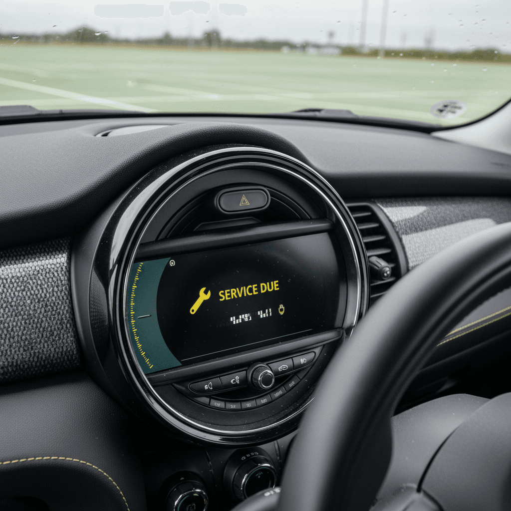 Mini Cooper Electric digital dashboard showing a service reminder and next due date