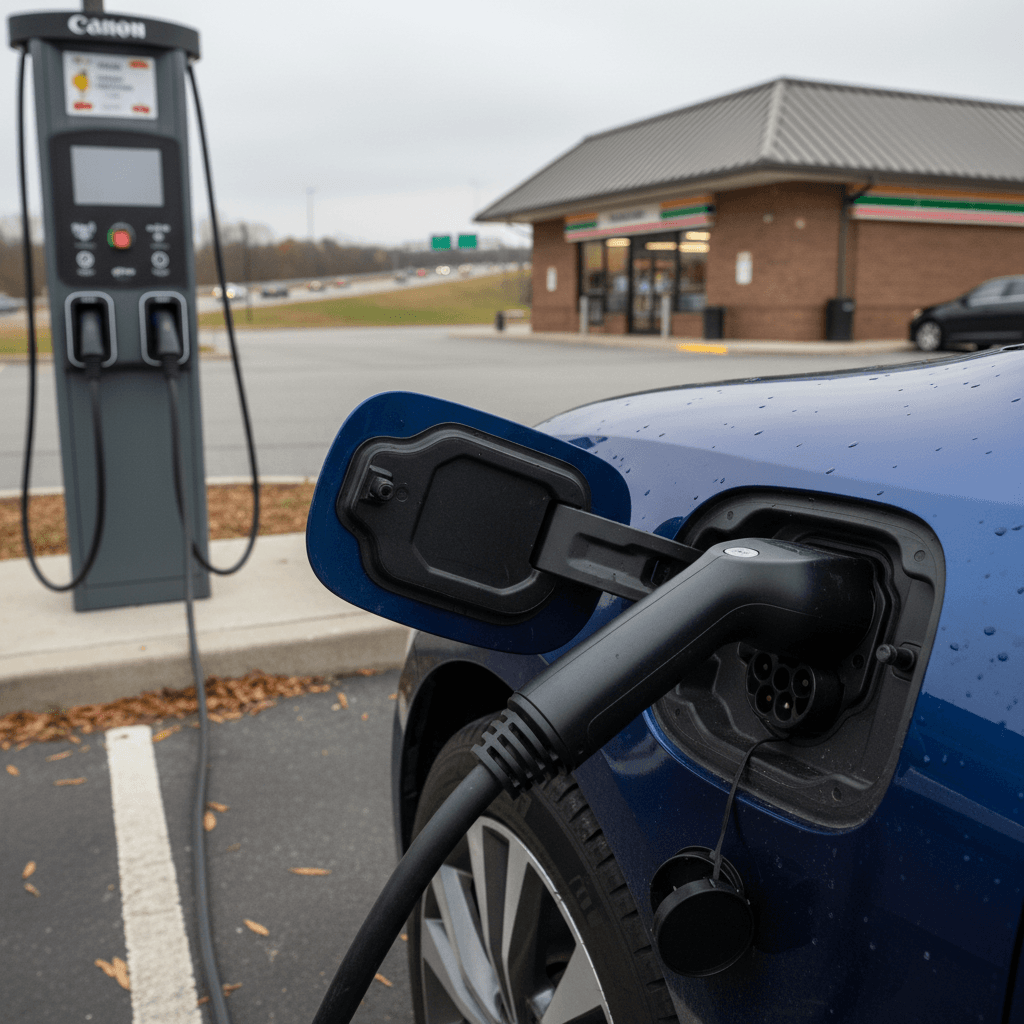 Electric vehicle charging at a DC fast charger outside a convenience store near Interstate 81 in Roanoke, Virginia