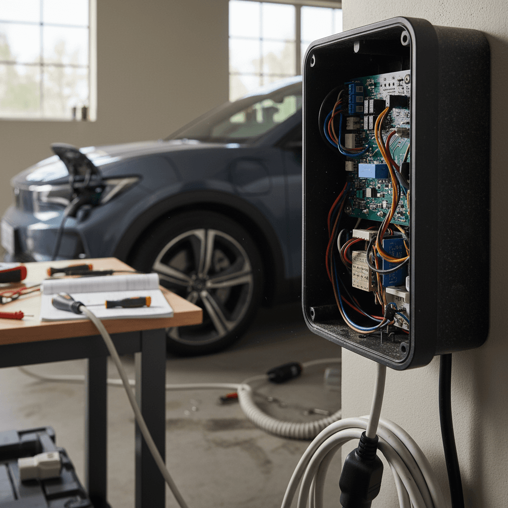 EV owner inspecting a home wallbox charger display during troubleshooting