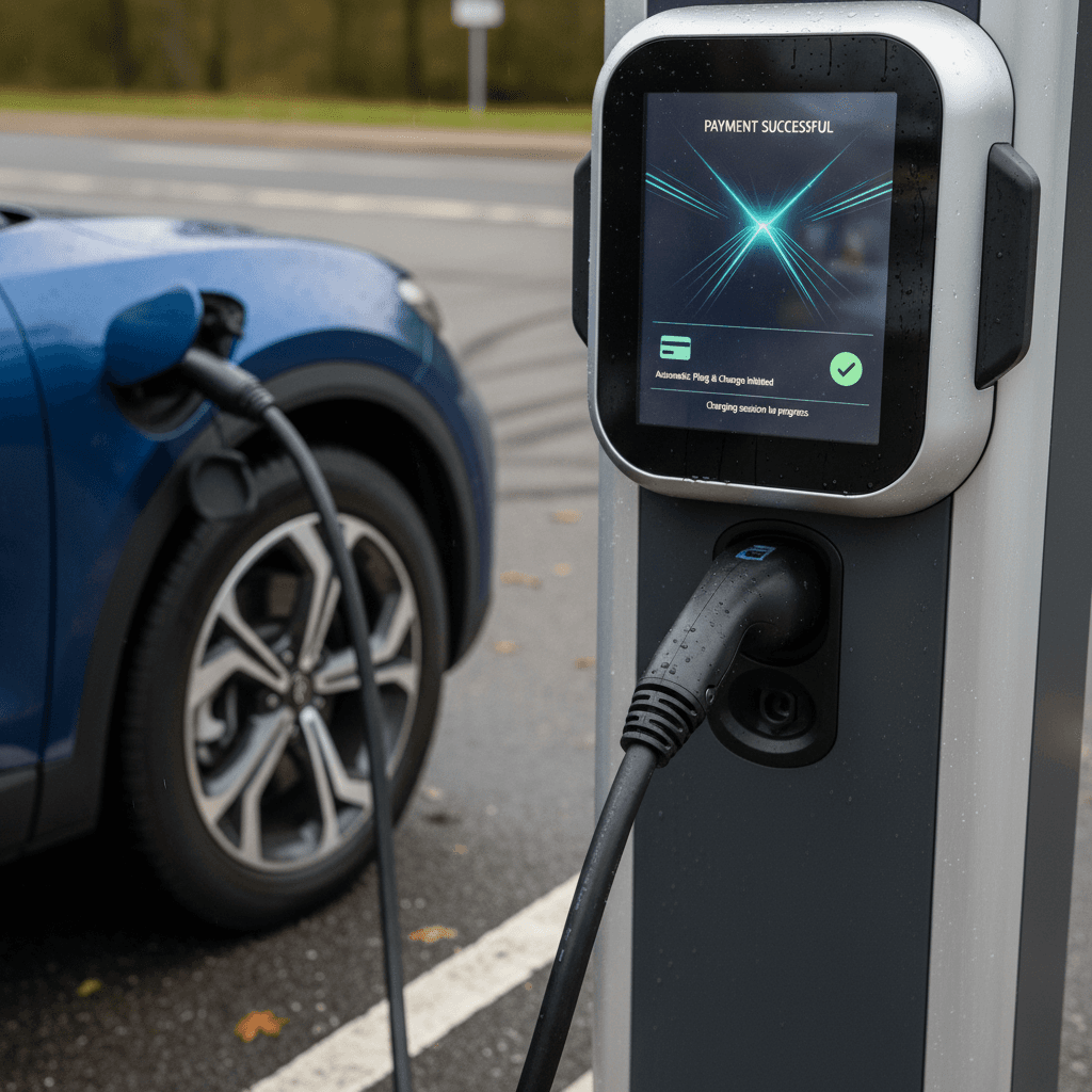 Electric vehicle plugged into a public fast charger where billing happens automatically after connection