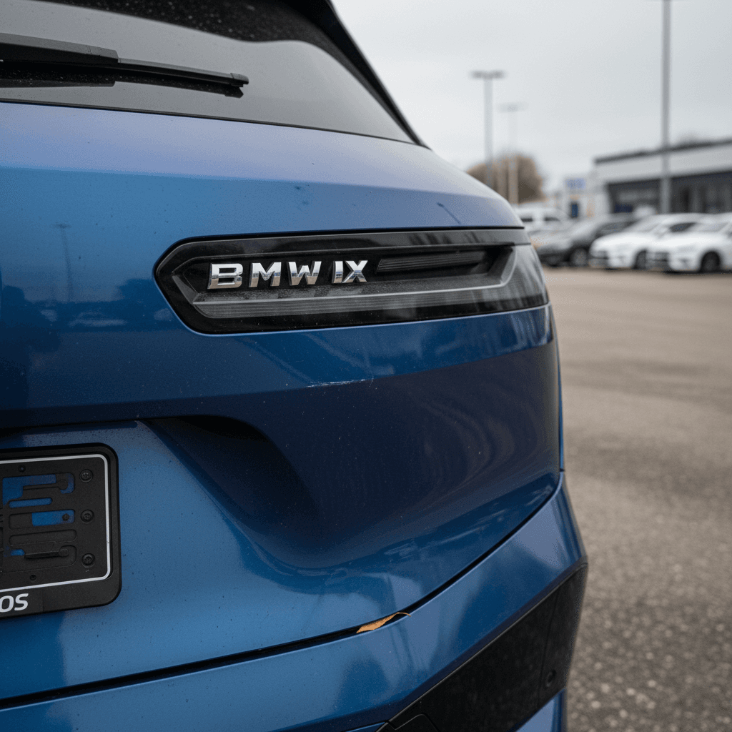 Rear three-quarter view of a BMW iX parked at a dealership, ready for appraisal