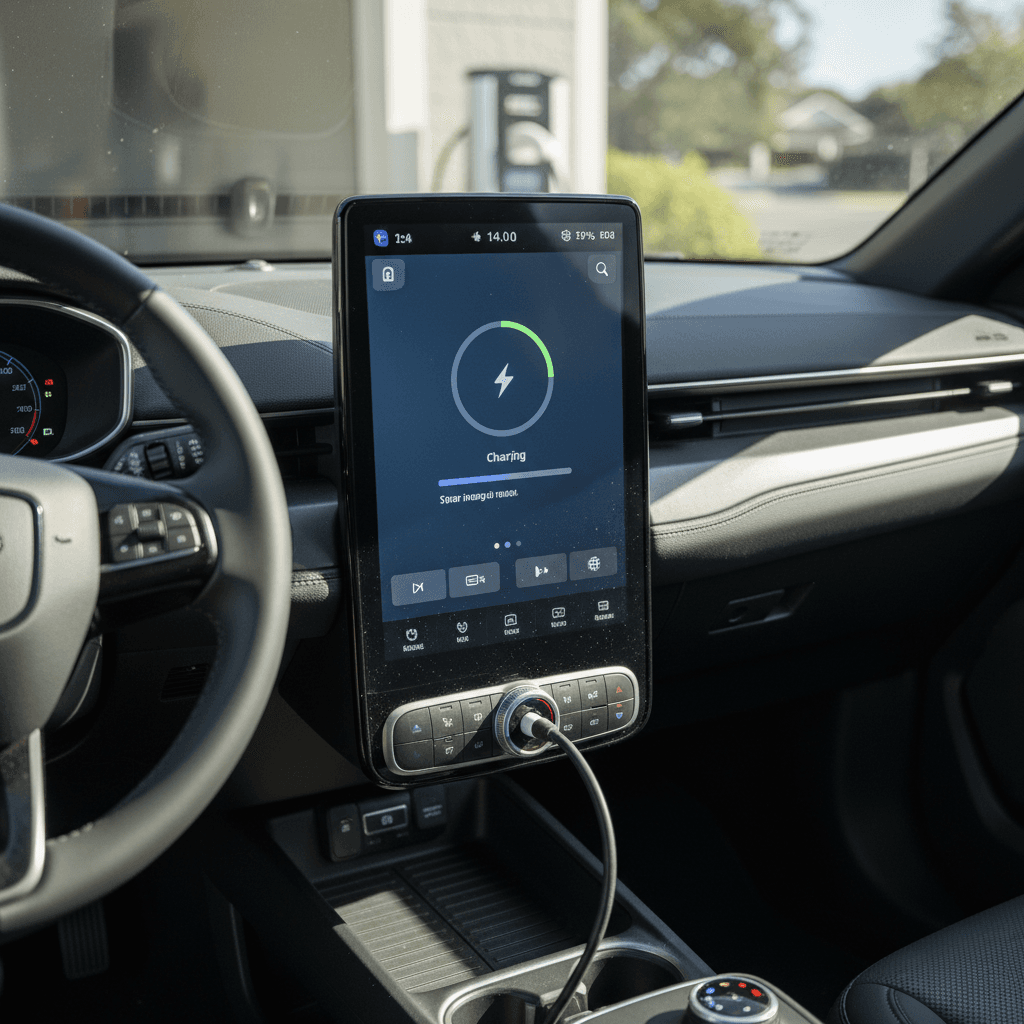 Driver view of a Ford Mustang Mach‑E interior with Sync 4 screen and digital gauges while parked at a charging station