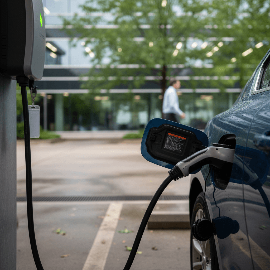 Electric vehicle plugged into a Level 2 charger at a grocery store parking lot