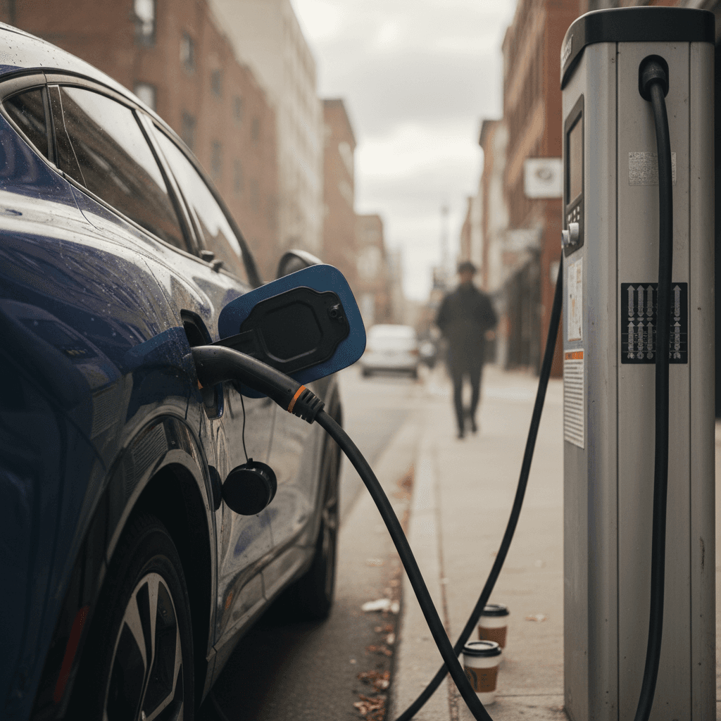 2025 Ford Mustang Mach-E plugged into a public DC fast charger at an urban station