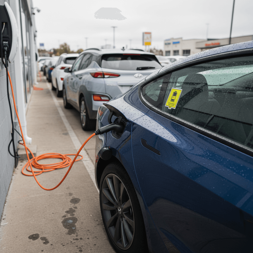 Row of used electric cars lined up at a dealership lot