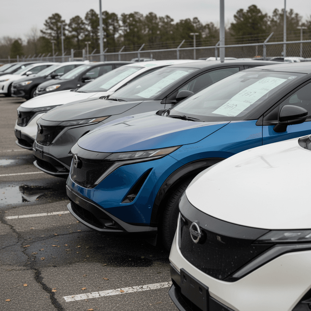 Used Lucid Air and Tesla Model S parked side by side on a used EV lot, highlighting luxury EV resale value comparisons.