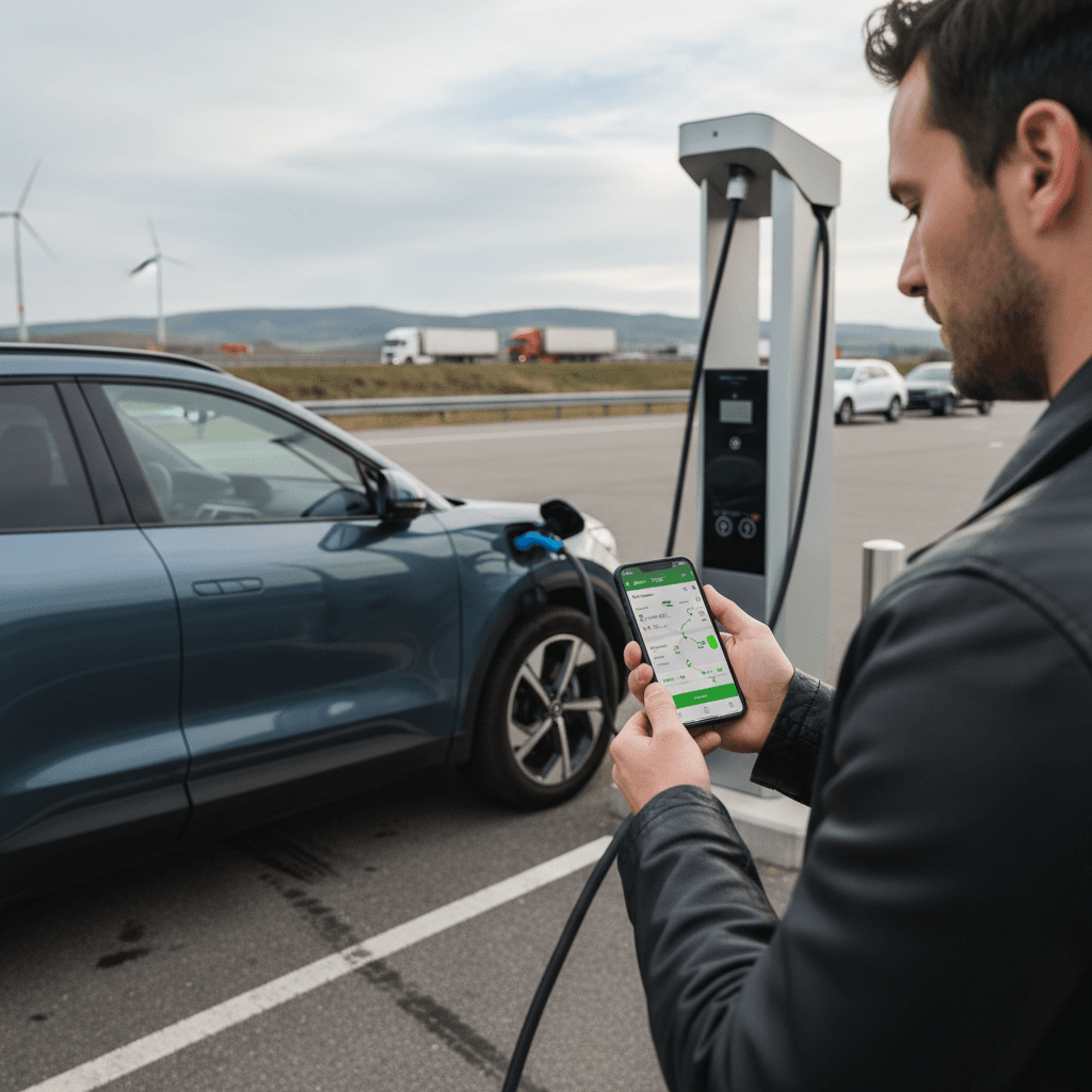 Driver using an EV charging app on a smartphone while their electric car charges at a highway fast charging station