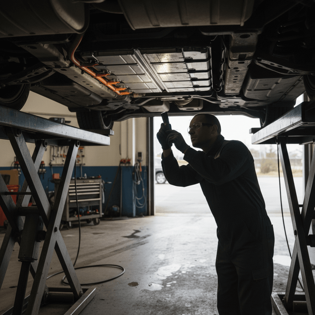 Close-up of a Hyundai Kona Electric charging port and badging during a pre-purchase inspection