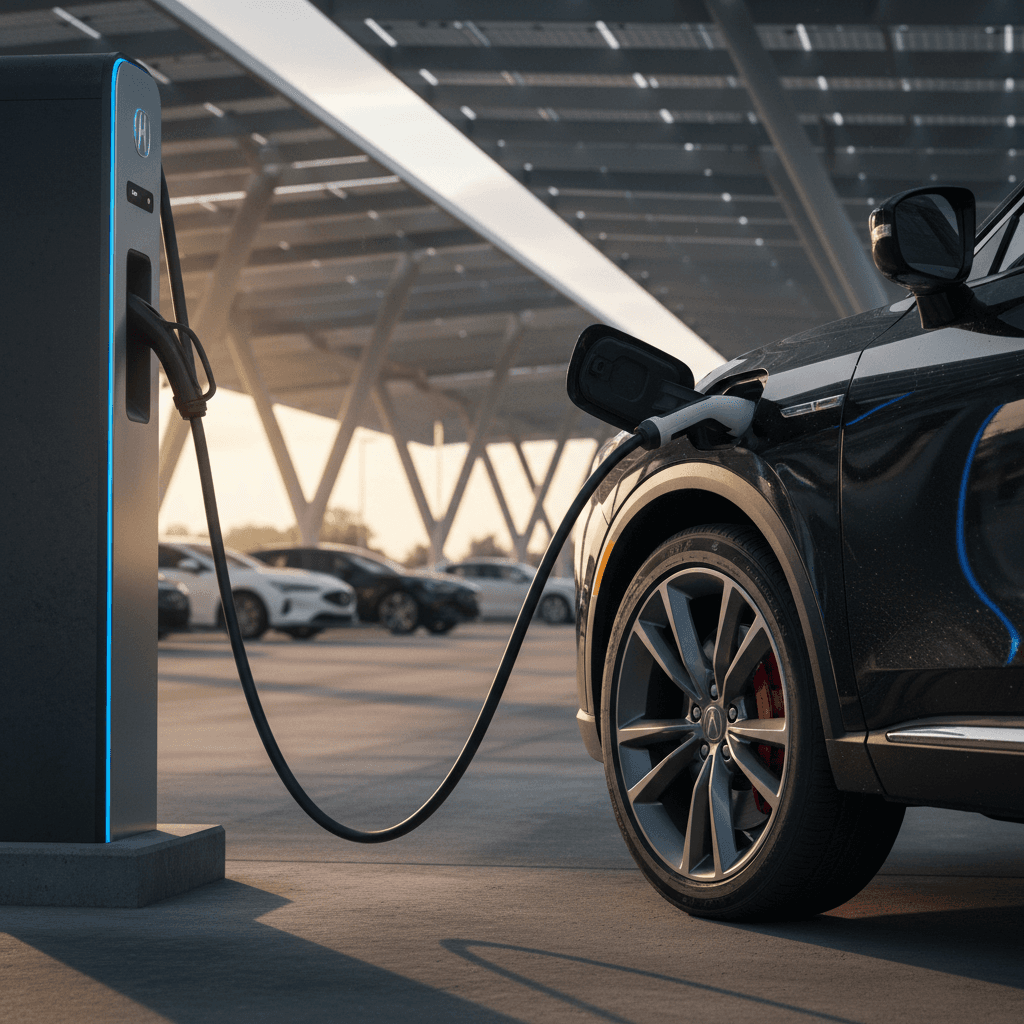 2025 Acura ZDX plugged into a DC fast charging station at a modern public charging plaza