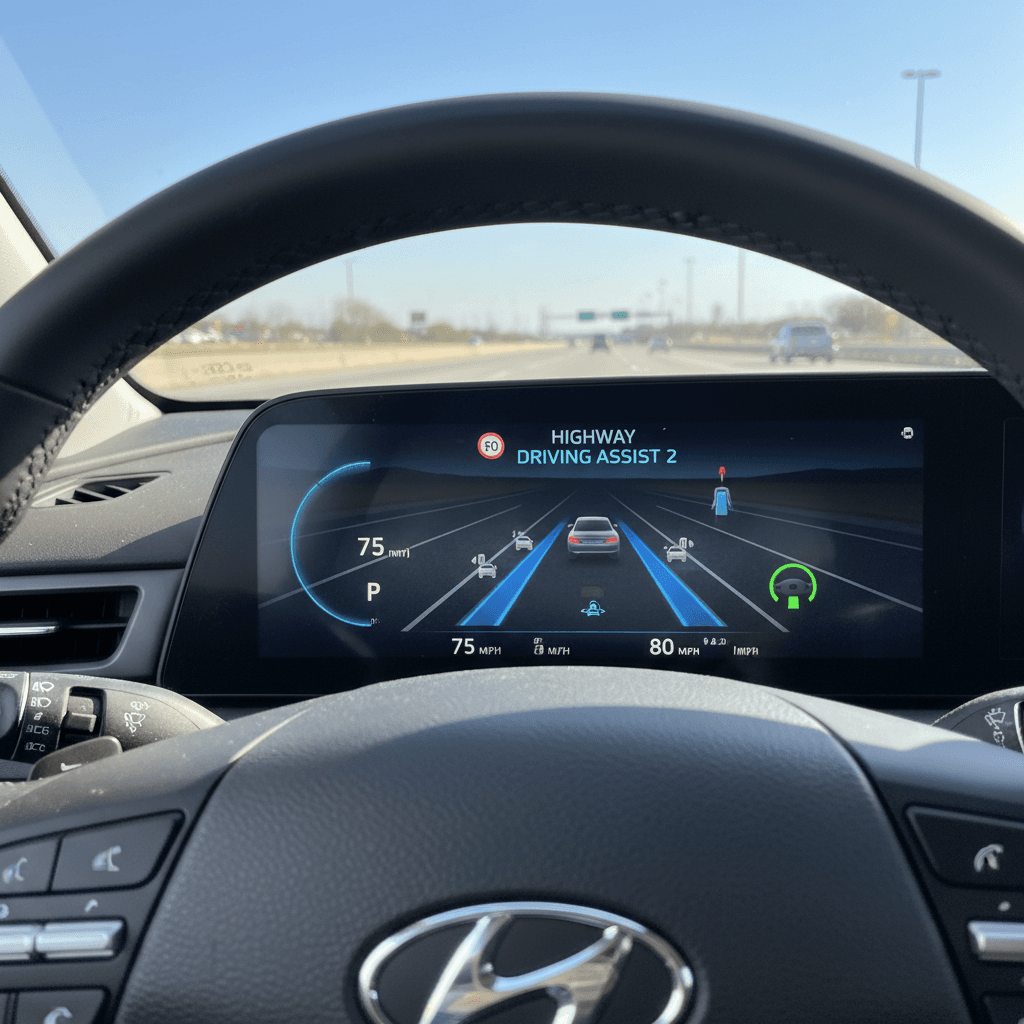 Hyundai steering wheel and digital cluster with Highway Driving Assist 2 active on a highway