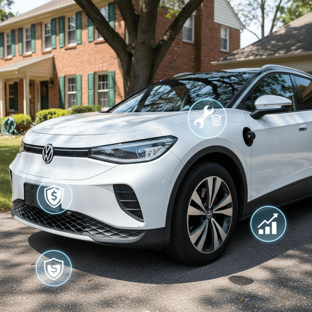 Volkswagen ID.4 parked in a driveway, representing real-world ownership costs including insurance