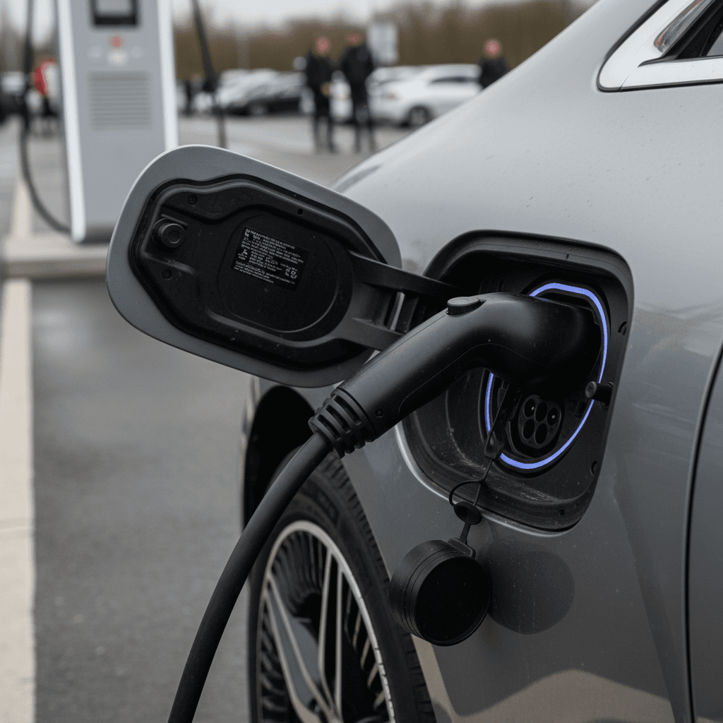 Close-up of a Mercedes EQS plugged into a DC fast charger, showing charging status on the display