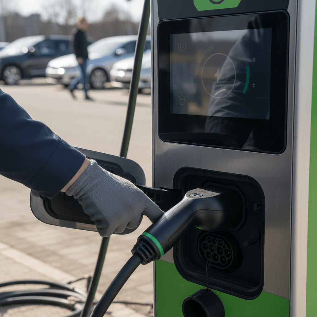 Driver plugging a CCS fast‑charging connector into an EV at a public Electrify America style charger with screen visible