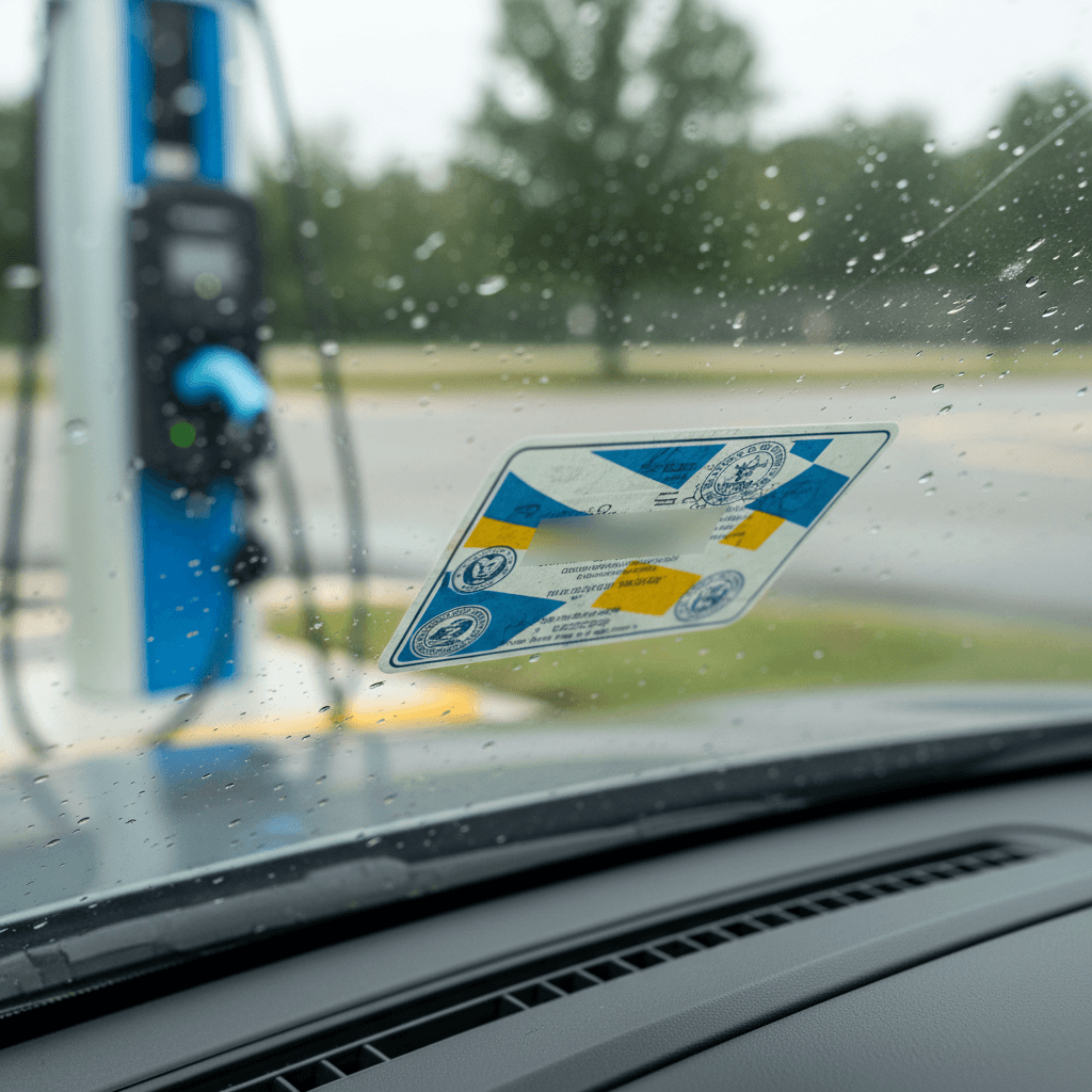 Close-up of a Virginia safety inspection sticker on the windshield of an electric car parked near a public charging station