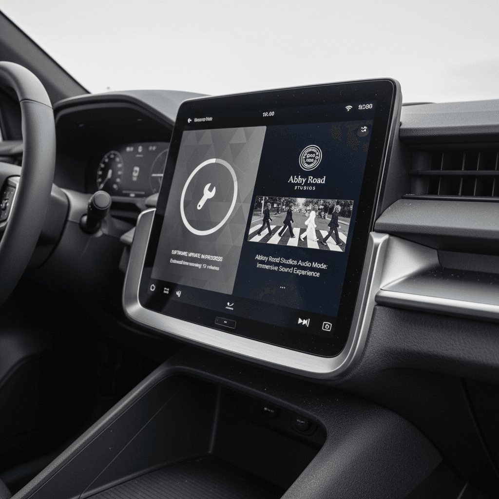 Polestar 3 center touchscreen showing an available software update and Abbey Road Studios Mode options.