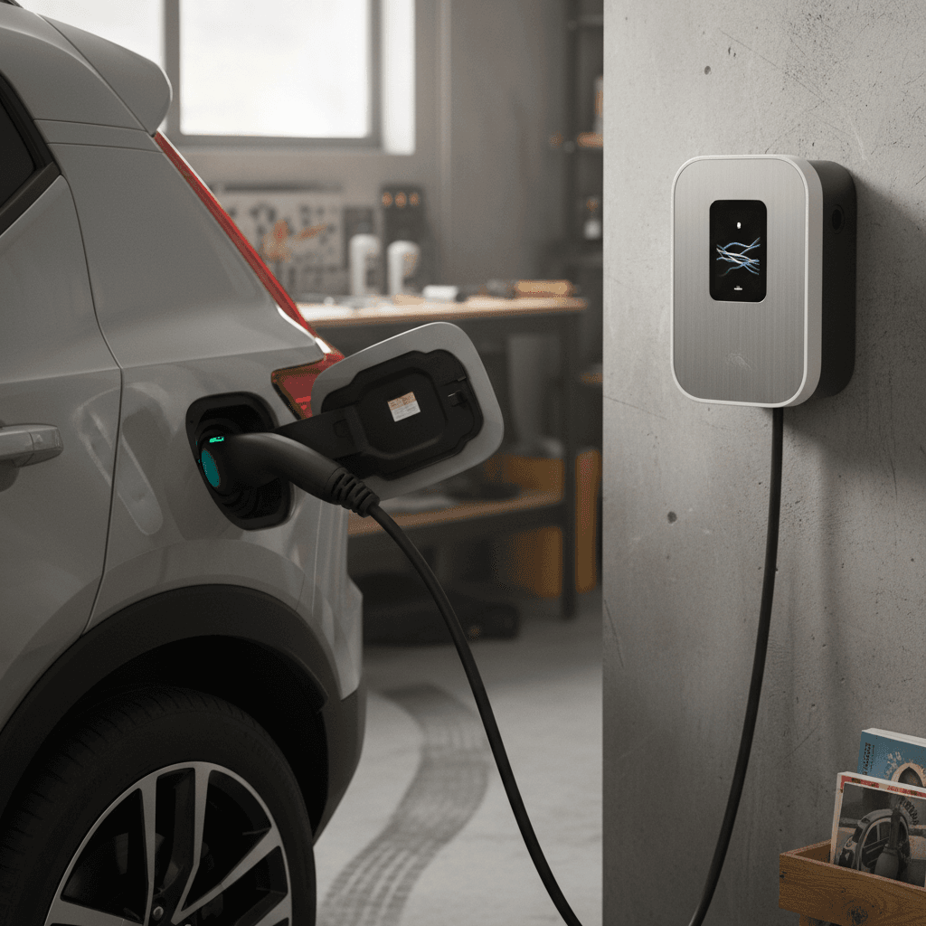 Volvo XC40 Recharge plugged into a home wallbox charger in a modern garage