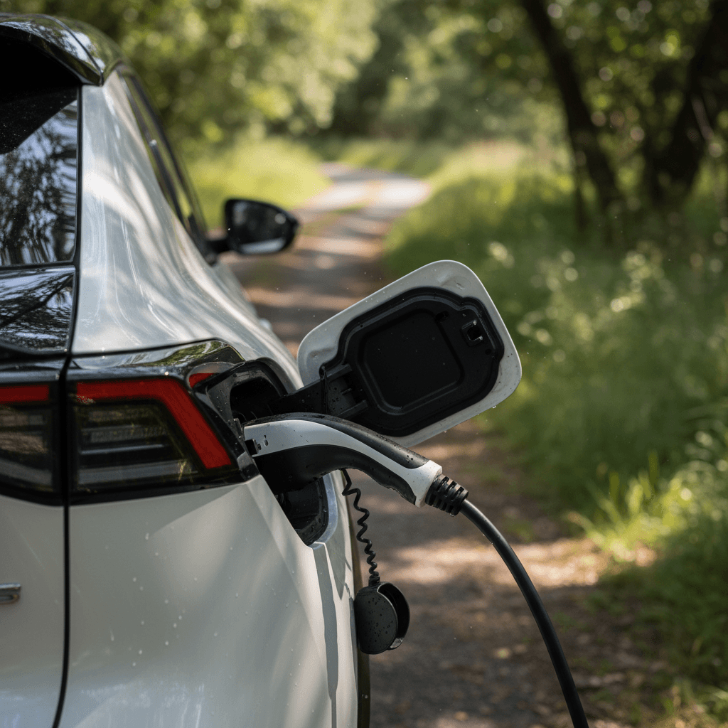 Close-up of a Toyota bZ4X charging port and connector plugged into a DC fast charger at a public station