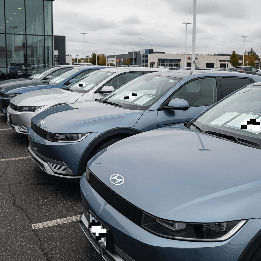 Row of used Hyundai IONIQ 5 electric crossovers parked at a dealership lot with price stickers in the windows