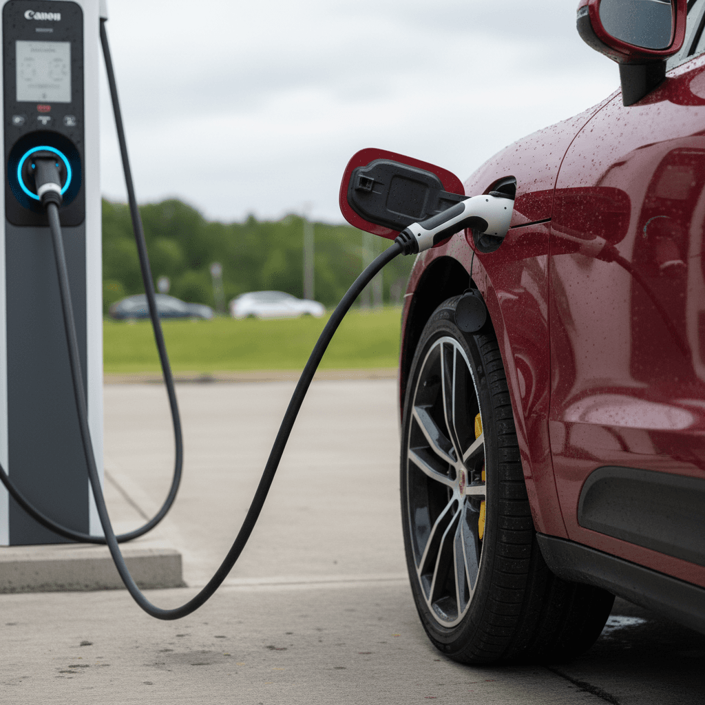 2025 Porsche Macan Electric plugged into a DC fast charger at a modern charging plaza